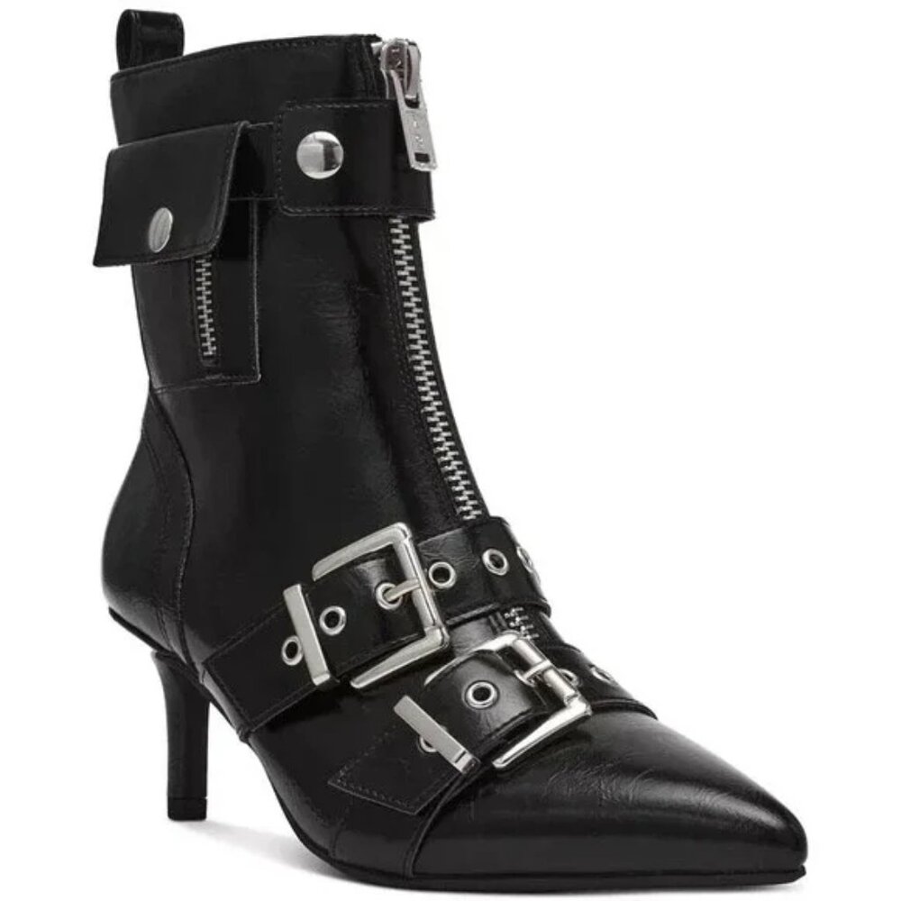 Wild Pair Women's Moonbeam Leather Buckle Heel Booties Black Crinkle Size 6M NWB - Picture 1 of 9